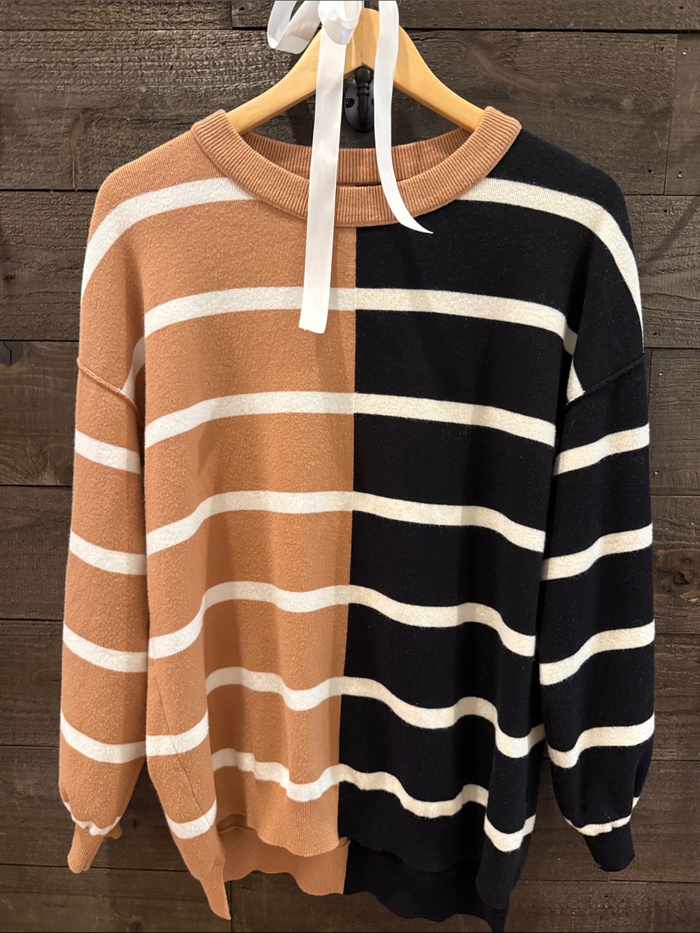 Striped Half-and-Half Crewneck Sweater - Tan & Black